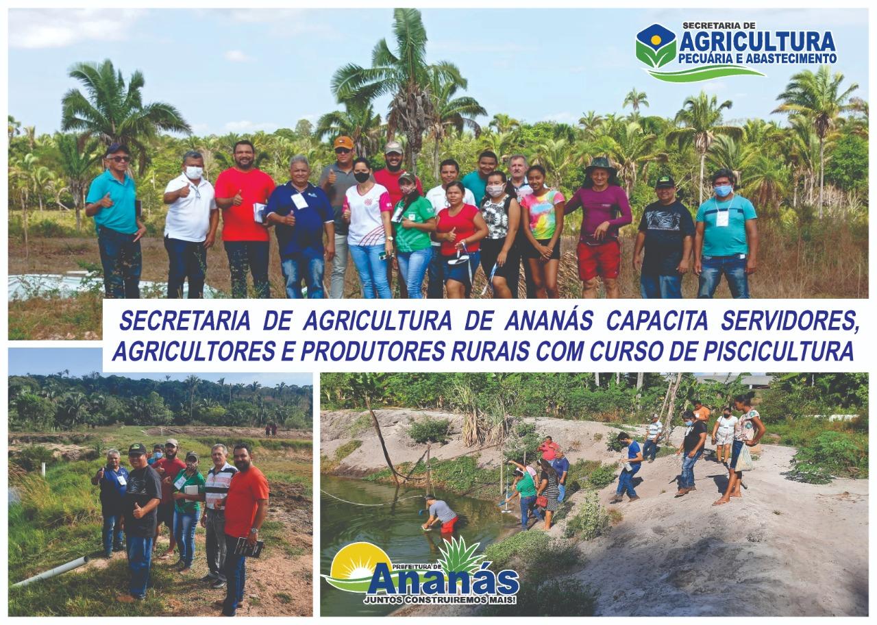 A Secretaria Municipal de Agricultura, Pecuária e Abastecimento, através do SENAR, Sindicato Rural, Prefeitura de Ananás e Secretaria da Mulher capacitou servidores, agricultores e produtores rurais com curso de Piscicultura.  A Secretaria Municipal de Agricultura, Pecuária e Abastecimento, através do SENAR, Sindicato Rural, Prefeitura de Ananás e Secretaria da Mulher capacitou servidores, agricultores e produtores rurais com curso de Piscicultura.
