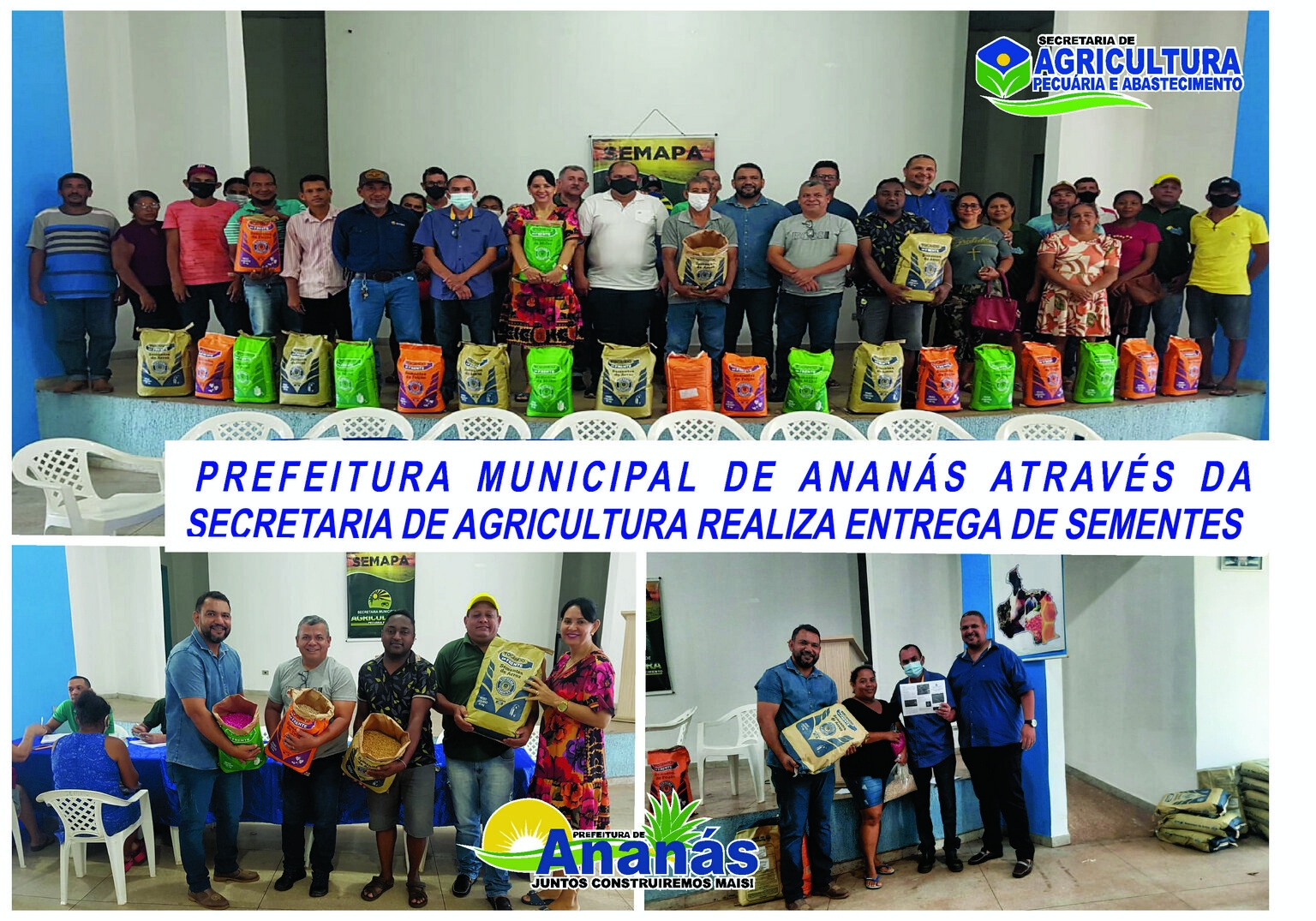 A Prefeitura de Ananás, através da Secretaria Municipal de Agricultura, Pecuária e Abastecimento, entregou mais de 2 toneladas de sementes para os agricultores familiares do município. A Prefeitura de Ananás, através da Secretaria Municipal de Agricultura, Pecuária e Abastecimento, entregou mais de 2 toneladas de sementes para os agricultores familiares do município.